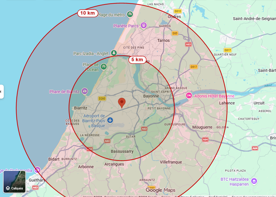 Carte de la zone d'intervention : cercles à 5 km et 10 km autour d'Anglet
