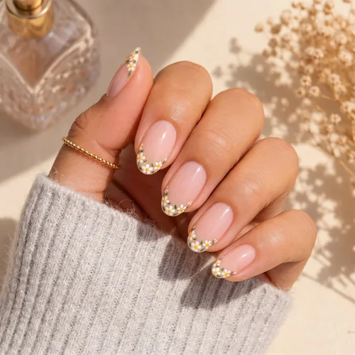 Inspiration french nude ornée de petites fleurs et de perles dorées