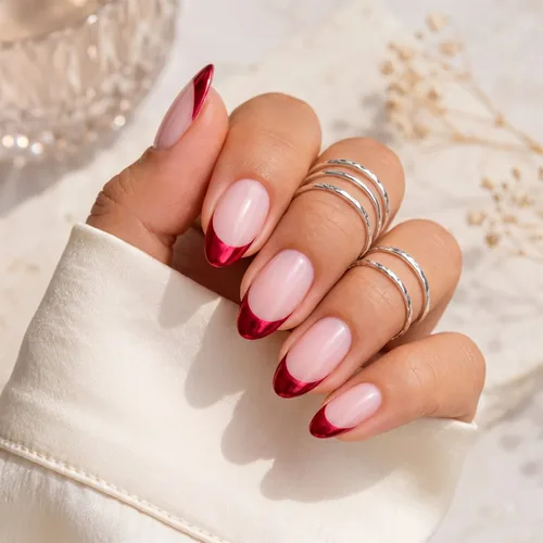 Inspiration french rouge bordeaux sur base nude, ongles amande